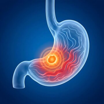 Stomach Ulcer : stomach is depicted with realistic internal folds (rugae), vibrant red inflammation, and a subtle glowing effect around the ulcer to highlight the severity