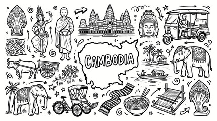 Obraz premium Cambodia Travel Landmarks in Black and White Doodle Line Art Style