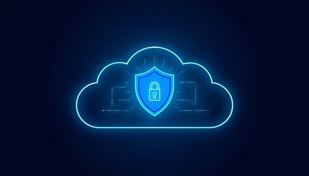 Secure cloud outline with shield and lock cloud security concept.