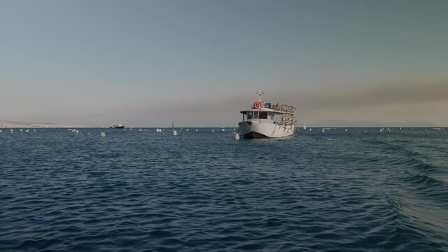 A boat harvesting mussels from a farm in the Gulf of Naples along the Mediterranean coast.