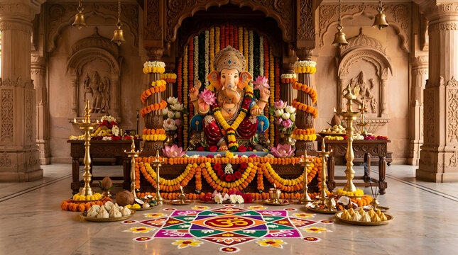Lord Ganesha idol decorated for Ganesh Chaturthi festival.