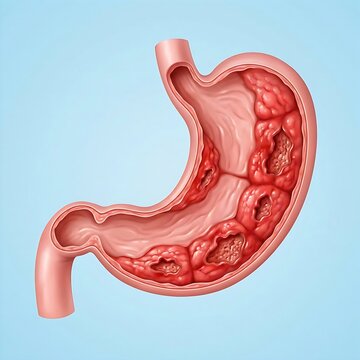 A stomach affected by Crohn's disease, showing segmented inflammation and deep ulcerations along the gastric wall. The affected areas are intensely red and swollen, with a distinct, irregular pattern 