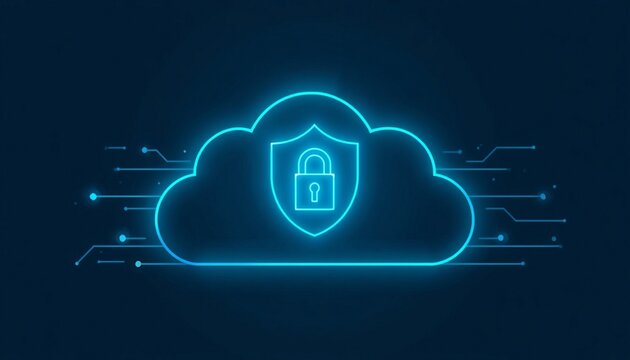 Secure cloud outline with shield and lock cloud security concept.