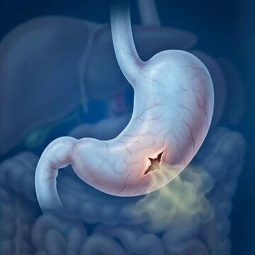 Stomach Perforation, Gastric Perforation, : a stomach with a visible tear or perforation in its wall, allowing subtle leakage of gastric contents into the surrounding abdominal cavity. 