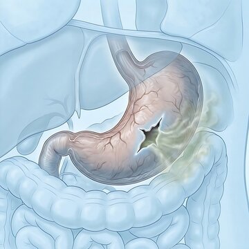 Stomach Perforation, Gastric Perforation, : a stomach with a visible tear or perforation in its wall, allowing subtle leakage of gastric contents into the surrounding abdominal cavity. 