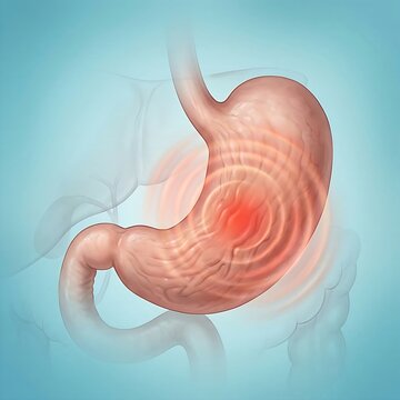 stomach experiencing severe functional dyspepsia. The stomach appears normal in structure but has subtle, pulsing red waves emanating from its core, symbolizing internal discomfort, bloating, and pain