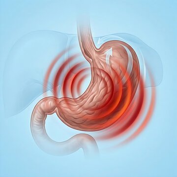 stomach experiencing severe functional dyspepsia. The stomach appears normal in structure but has subtle, pulsing red waves emanating from its core, symbolizing internal discomfort, bloating, and pain