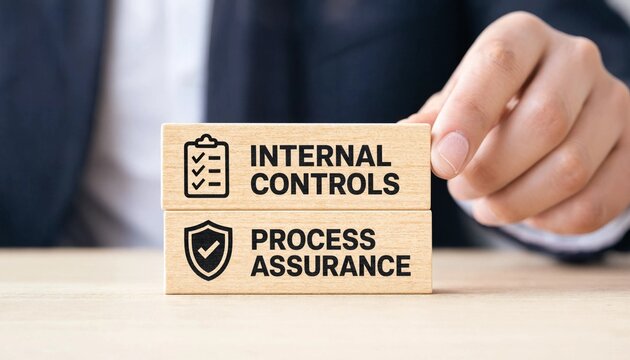 Professional hand placing wooden blocks labeled internal controls and process assurance on a desk workspace