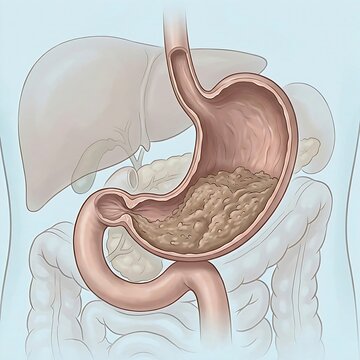 stomach showing signs of Gastroparesis, with food particles visibly lingering inside the stomach due to delayed emptying. The stomach appears slightly distended, and the pyloric sphincter (exit to sma