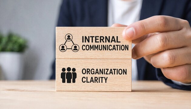 Hand holding wooden blocks emphasizing internal communication and organization clarity in a professional office setting