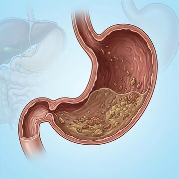 stomach showing signs of Gastroparesis, with food particles visibly lingering inside the stomach due to delayed emptying. The stomach appears slightly distended, and the pyloric sphincter (exit to sma
