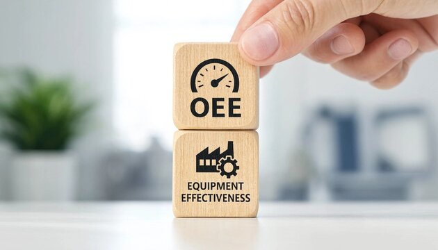 Hand placing wooden block with OEE and equipment effectiveness icons representing manufacturing productivity metrics