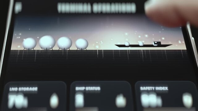 LNG Terminal Operations Screen with Spherical Tanks Carrier Ship and Status Cards