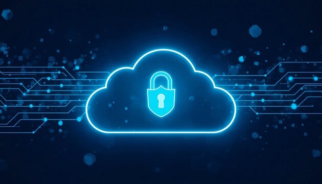 Secure cloud outline with shield and lock cloud security concept.