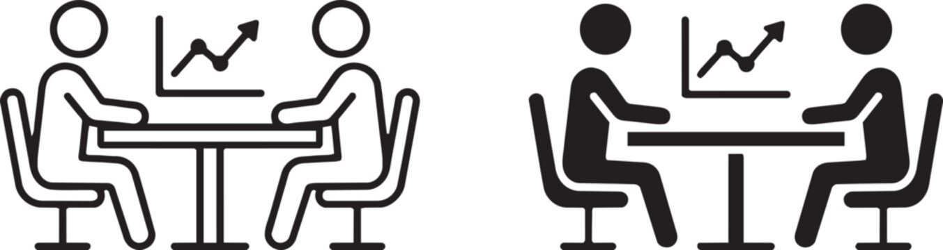 Art & Illustration, Business meeting vector icon showing two people at a table discussing financial data and growth charts.