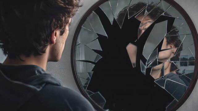 Melancholic young man touching shattered round mirror with reflection. Mental health and self-identity struggle concept. Panning shot.