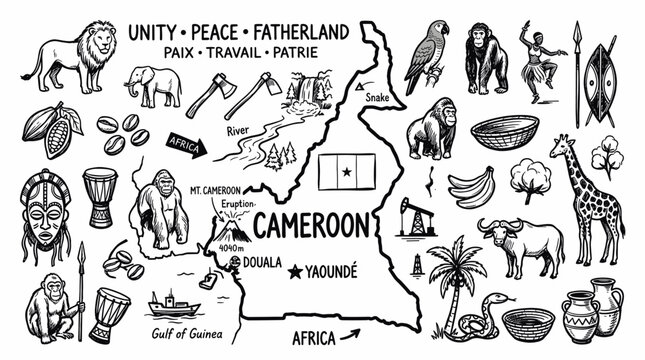 Cameroon Map and Culture in Black and White Travel Doodle Style