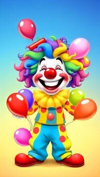 Happy smiling cartoon clown holding colorful balloons on bright blue and yellow background.