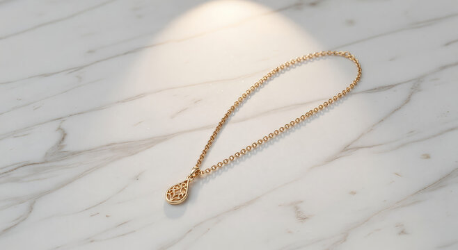 Gold necklace with teardrop pendant on white marble background. Elegant jewelry accessory for formal outfit. Luxury fashion item for wedding or gift. Classic style precious metal decoration.
