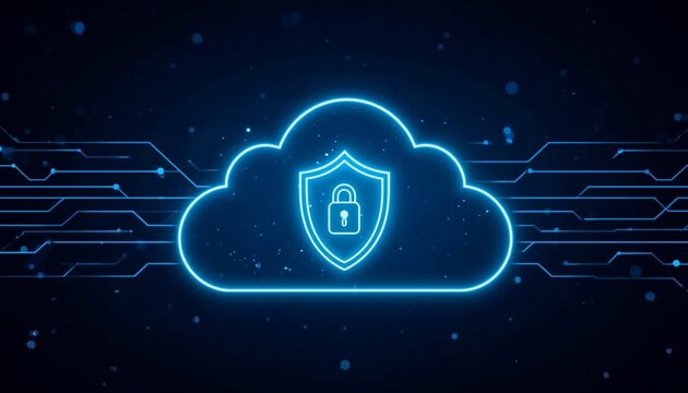 Secure cloud outline with shield and lock cloud security concept.