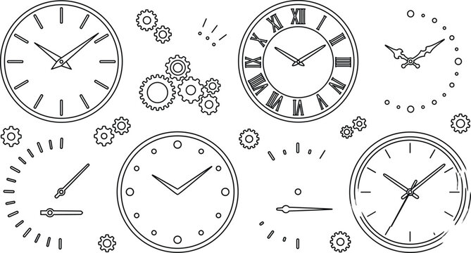 Minimalist line art icon set of diverse clock faces watches roman numerals gears mechanisms time vector illustration collection