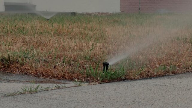 Slowly rotating sprinkler sprays water across a dry patchy lawn.