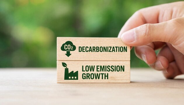 Hand placing wooden block emphasizing decarbonization and low emission growth concepts on natural wooden surface