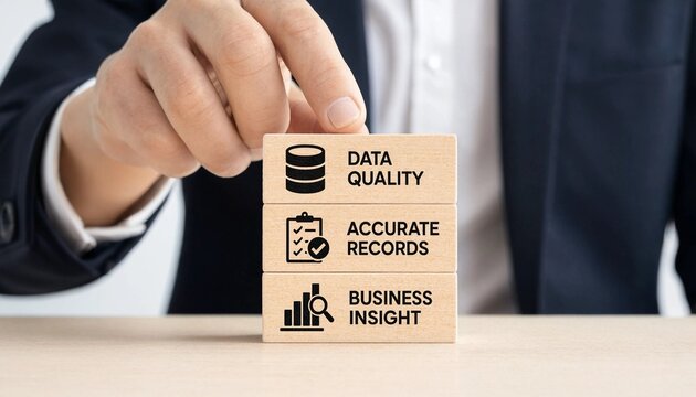 Professional placing wooden block with data quality accurate records and business insight concept on desk