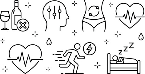 Obraz premium Minimalist line art icon set of healthy lifestyle elements fitness heartbeat metabolism sleep mental control vector illustration collection