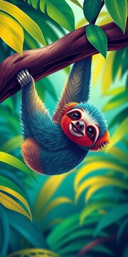 Colorful illustration of a playful sloth hanging from a tropical tree branch, playful, nursery
