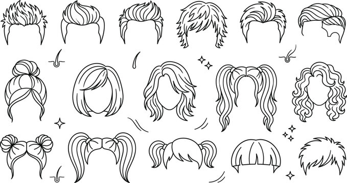 Minimalist line art icon set of mens and womens hairstyles haircuts wigs hair care barber vector illustration collection