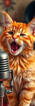 Furry orange tabby cat croons into vintage microphone with glee, tiny headphones on head, orange tabby cat, bright eyes