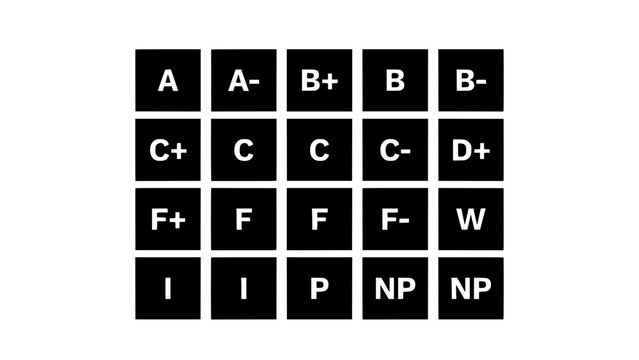 Grade Icons with Letters and Symbols on Black Squares Featuring Icon, Letter, Symbol with Square and White Elements