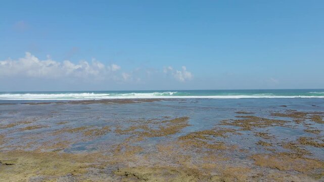 Cinematic aerial shot of Nyang Nyang Beach in India featuring low tide coral reefs, turquoise ocean waves, and a clear blue sky. Highquality travel and nature content.