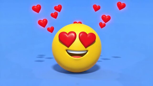 Yellow smiley face in love with animated hearts against a blue background with cinematic motion