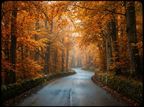 Winding road through an autumn forest. Scenic path surrounded by vibrant fall foliage.