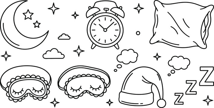 Minimalist line art icon set of sleep elements moon pillow alarm clock eye masks vector illustration collection