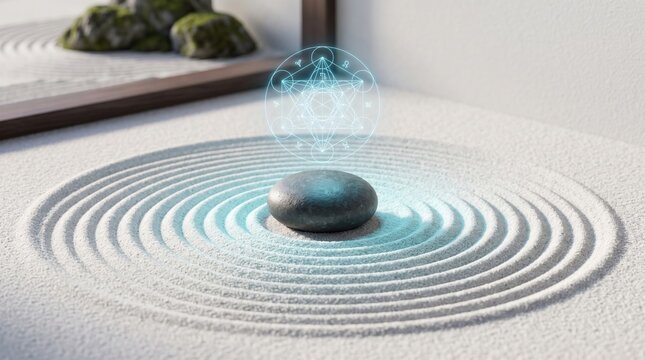 Zen garden stone with holographic geometric symbol glowing above it