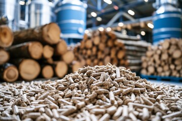Obraz premium Close up of wood pellets with stacked logs and biomass energy plant blurred background