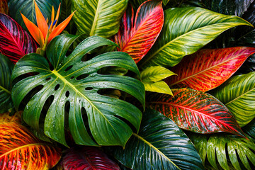 Fototapeta premium Close up of lush green monstera and croton tropical leaves forming rich natural leaf pattern