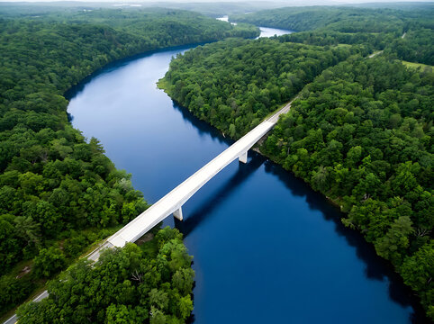 Aerial view of a bridge over a river. Modern highway crossing through a lush green forest.