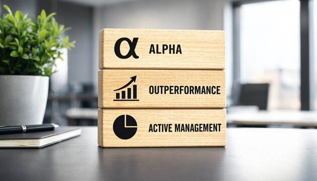 Stacked cardboard boxes displaying alpha financial terms outperformance active management on modern office desk