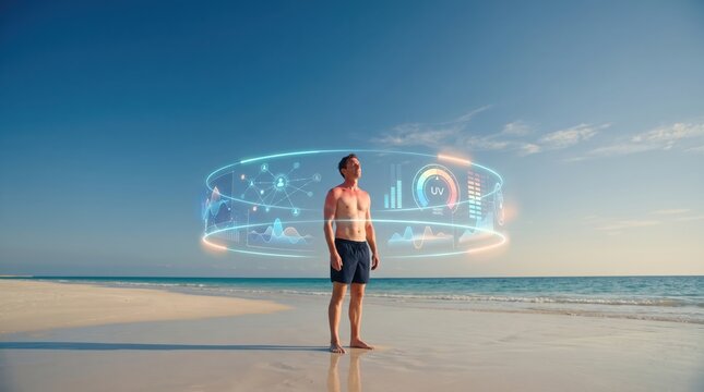Man on beach with futuristic holographic interface showing UV data