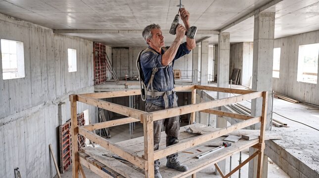 Reifer Bauarbeiter mit Exoskelett verschraubt in Untersicht die Decke im Rohbau mit einem Akkuschrauber
