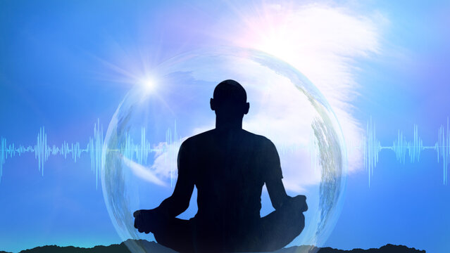 Yoga cosmic space meditation illustration, silhouette of man practicing outdoors