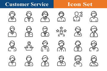 Fototapeta premium Customer service icon set with outline icons featuring call center agent, headset operator, helpdesk support, client care vector