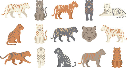 Fototapeta premium Set of flat vector tiger icons showing different poses and tiger stripes for wildlife and nature illustrations