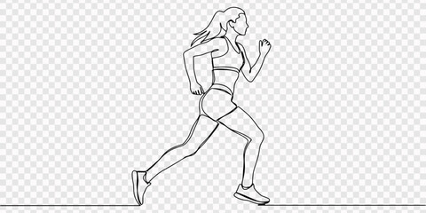 Fototapeta premium woman running continuous one line drawing, Woman running in sportswear in one line art style. Woman drawing with editable black stroke on white background, Continuous one line drawing of a woman 