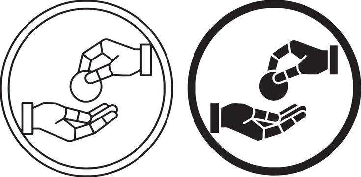 Art & Illustration, Circular vector icon showing a hand giving coins into an open palm for charity and microfinance concepts.