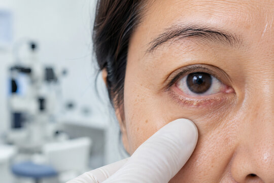 Ophthalmologist Examining Lower Eyelid for Meibomian Gland Dysfunction and Blocked Glands